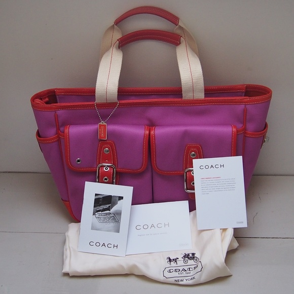 Coach Handbags - Fuchsia & Red Leather Trim COACH Hampton Tote